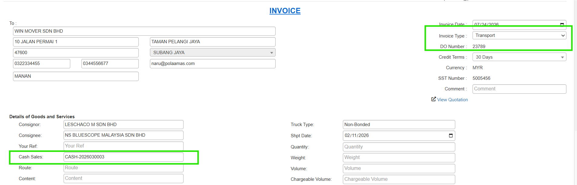Cash Invoice