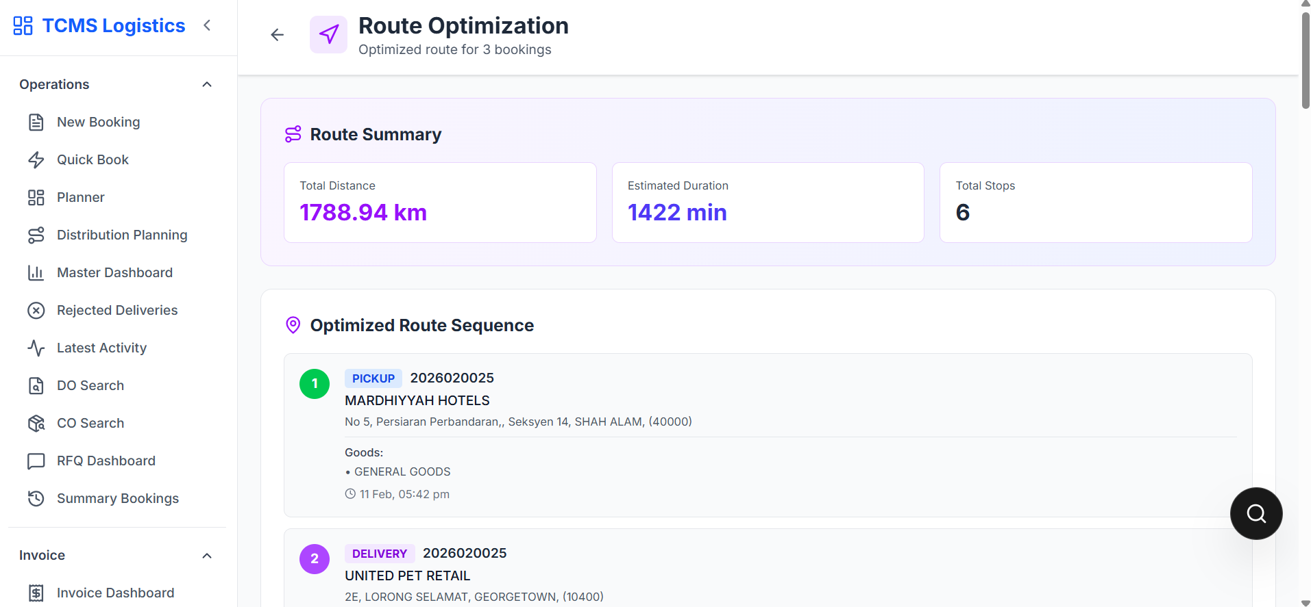 Route optimization planning flow